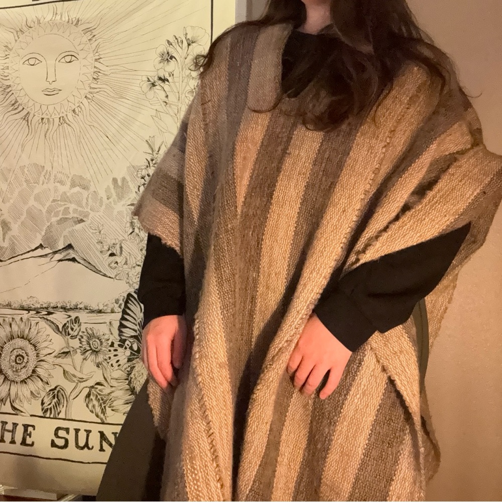 100% Wool Grey Striped Long Thick Poncho